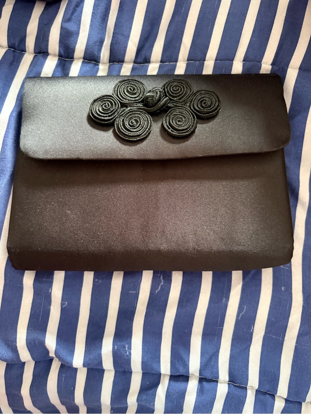 Black Satin Bag with Decorative Rosette Detail